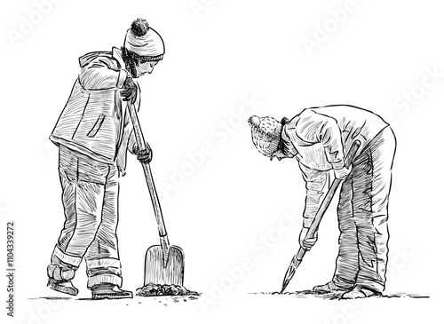 Sketches of two yard sweepers, gardeners, janitors with shovels at work, side view, realistic hand drawn vector illustration isolated on white
