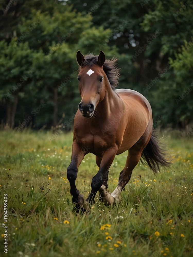 Brown horse galloping in a grassy meadow. Brown horse galloping in a grassy meadow.