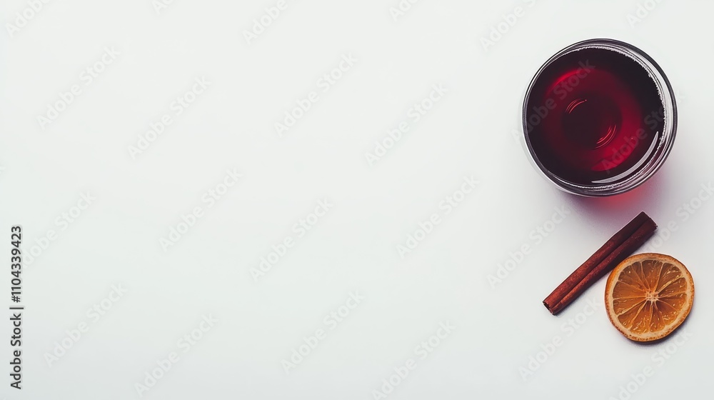 a glass of red wine with a slice of orange and a cinnamon stick placed on a white surface The glass is filled with a deep red liquid, likely mulled wine, and the o a glass of red wine with a slice of orange and a cinnamon stick placed on a white surface The glass is filled with a deep red liquid, likely mulled wine, and the o