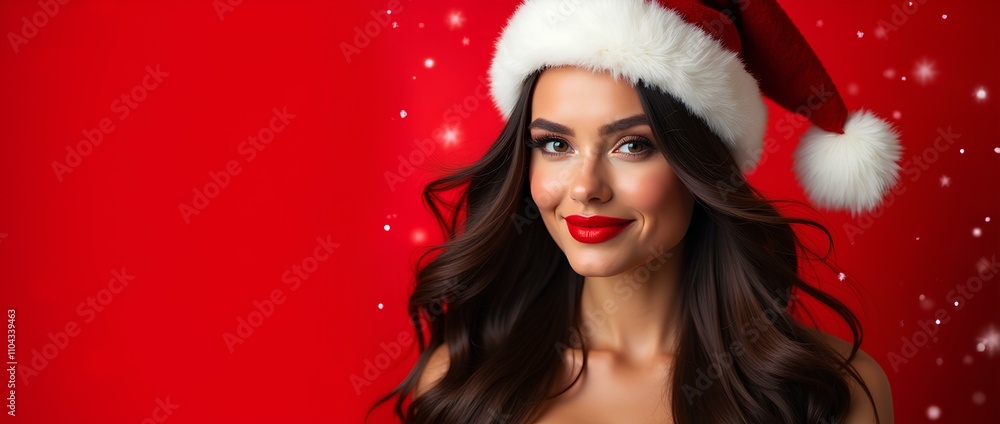 Model with flawless makeup, glowing skin with smile wearing Santa Claus hat on red background with snowflakes with space for text. For advertising design, Christmas and New Year promotions, sales Model with flawless makeup, glowing skin with smile wearing Santa Claus hat on red background with snowflakes with space for text. For advertising design, Christmas and New Year promotions, sales