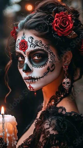 Close-up portrait of a Santa Muerte woman. Mexican sugar skull makeup. The Santa Muerte Woman. An iconic figure of Mexican culture. Santa Muerte's model. Generate AI.
