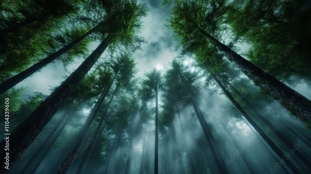 Obraz premium a dark forest with tall trees in the middle of it, illuminated by the light of the moon and stars in the night sky The resolution of the image is 1920x1200