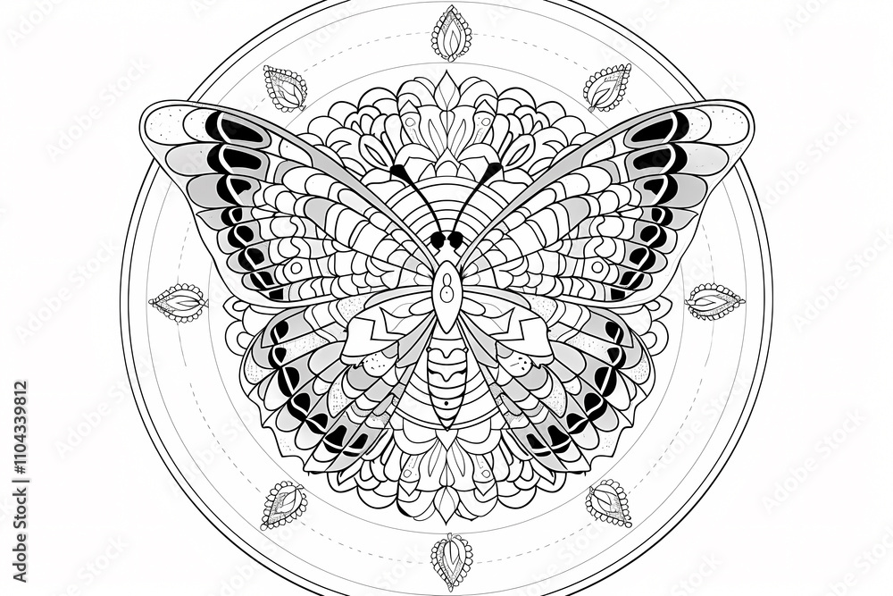 Detailed black and white illustration of a butterfly surrounded by intricate mandala patterns, perfect for coloring and relaxation. Detailed black and white illustration of a butterfly surrounded by intricate mandala patterns, perfect for coloring and relaxation.