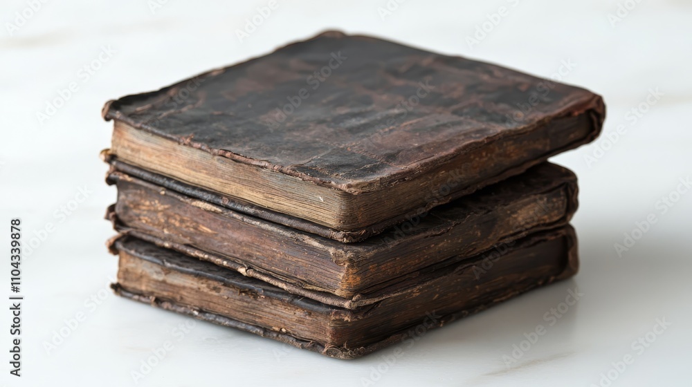 three old books stacked on top of each other on a white surface The books appear to be of various sizes and colors, with some of them having a worn, aged look to t three old books stacked on top of each other on a white surface The books appear to be of various sizes and colors, with some of them having a worn, aged look to t