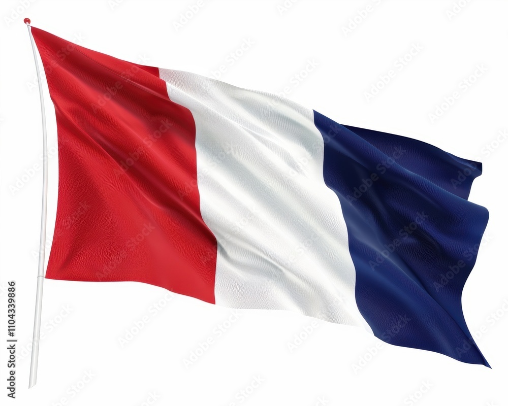 A vibrant French flag waving gracefully in the wind, showcasing its iconic red, white, and blue colors. A vibrant French flag waving gracefully in the wind, showcasing its iconic red, white, and blue colors.
