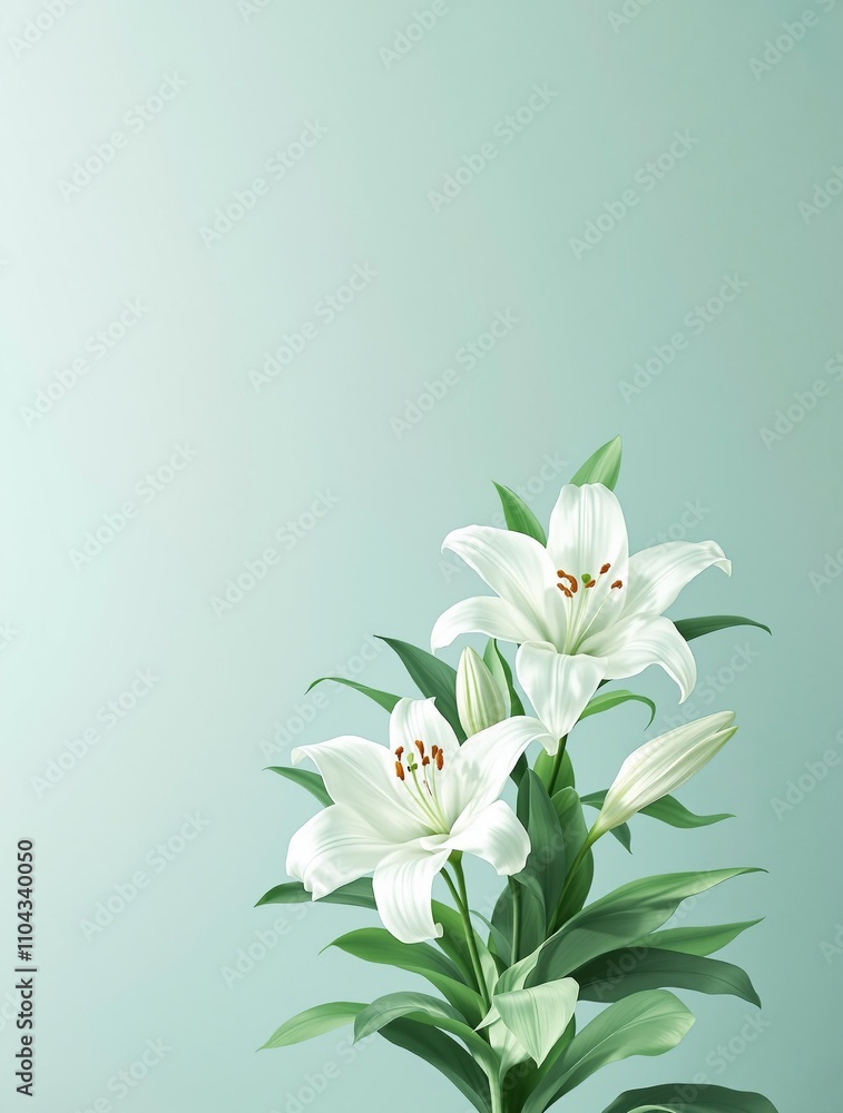 Naklejka premium Artistic interpretation of white lilies with green leaves, white lilies, interpretation, floral abstract, watercolor