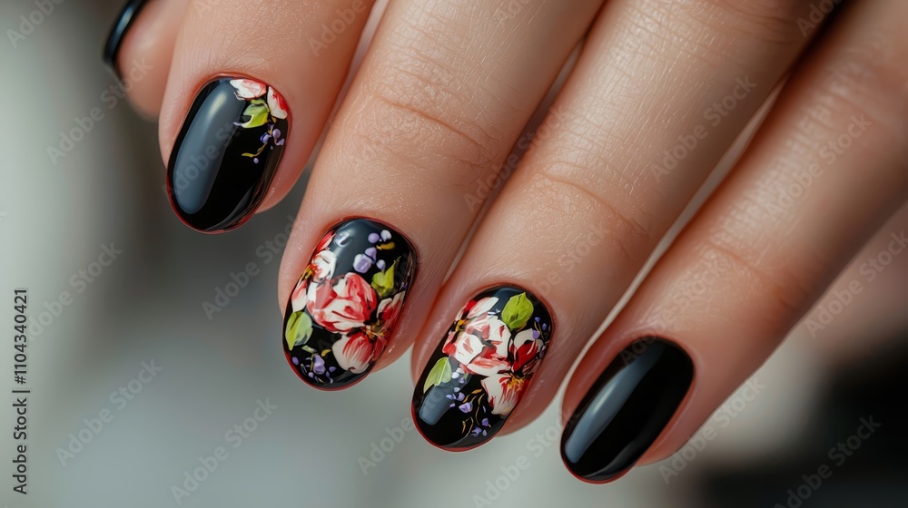 a woman's hand with a black manicure adorned with a beautiful floral design The background is slightly blurred, emphasizing the intricate details of the nail art a woman's hand with a black manicure adorned with a beautiful floral design The background is slightly blurred, emphasizing the intricate details of the nail art