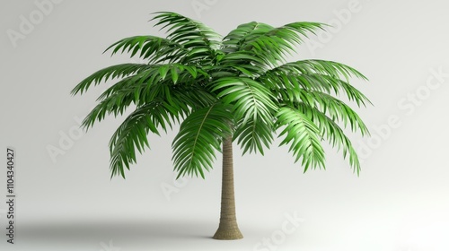  a 3D model of a palm tree on a white background The tree is rendered in 3D, giving it a realistic look and feel The leaves of the tree are a vibrant green, and th photo