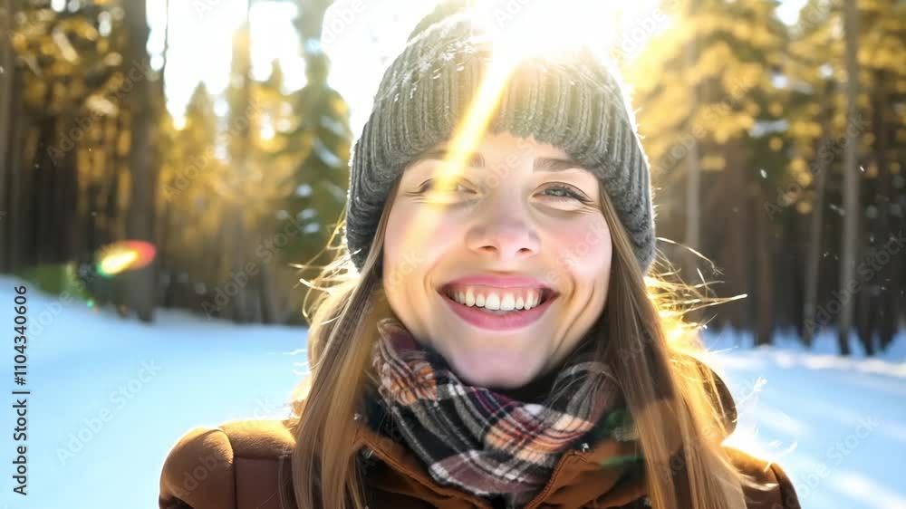 Woman capturing a joyful selfie amidst a picturesque snowy forest Woman capturing a joyful selfie amidst a picturesque snowy forest