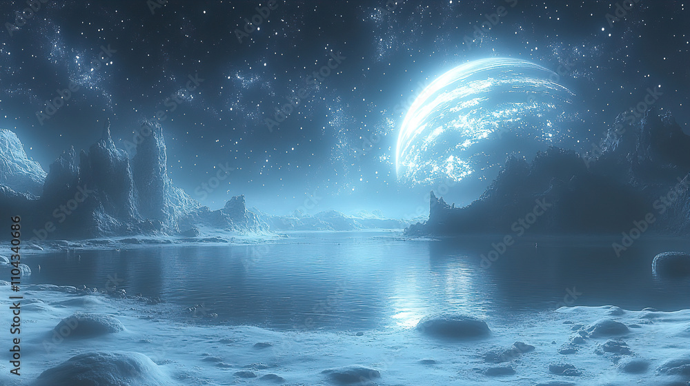Celestial landscape featuring a luminous planet and tranquil waters under a starlit sky at night. Generative AI Celestial landscape featuring a luminous planet and tranquil waters under a starlit sky at night. Generative AI