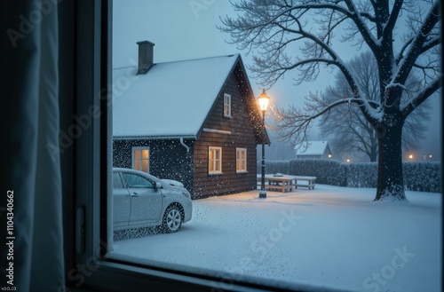 Snow-covered view from the window of the house, a parked car near the house and a winter landscape. High quality photo