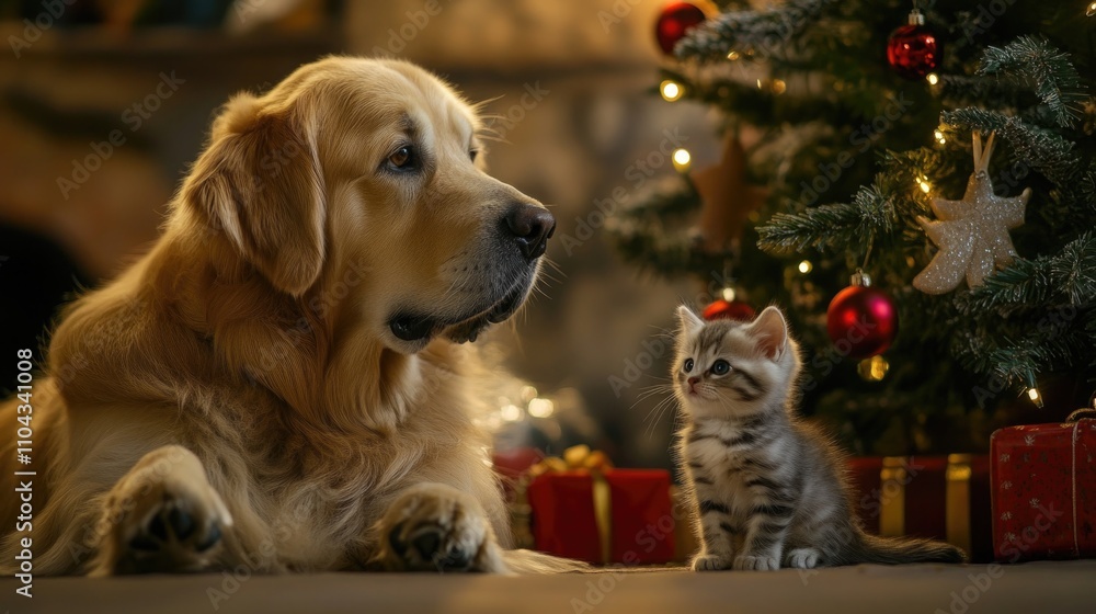 a big dog and a kitten sitting beside a Christmas tree with glowing bokeh lights in the background. pets, dog and cat a big dog and a kitten sitting beside a Christmas tree with glowing bokeh lights in the background. pets, dog and cat