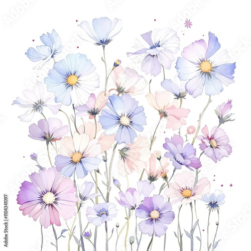 Artistic watercolor print with abstract cornflowers on a white background, botanical, nature