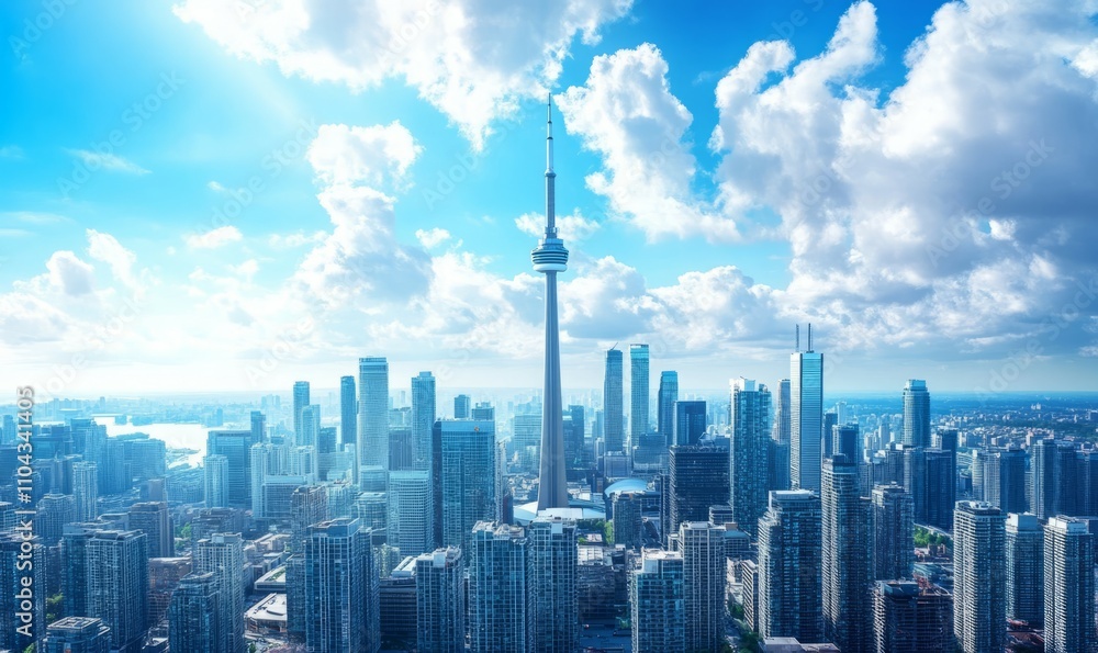 A city skyline with a tall building in the middle A city skyline with a tall building in the middle