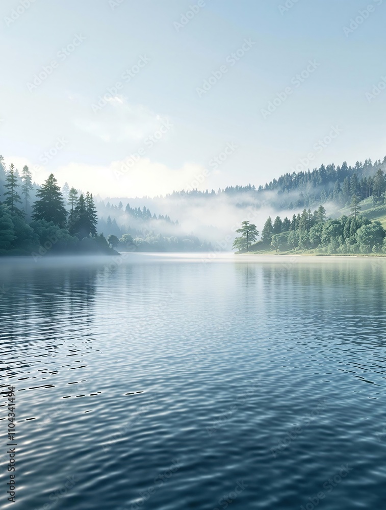 A serene and peaceful lake surrounded by misty trees and rolling hills, peaceful landscape, serene scenery, tree-lined shoreline A serene and peaceful lake surrounded by misty trees and rolling hills, peaceful landscape, serene scenery, tree-lined shoreline