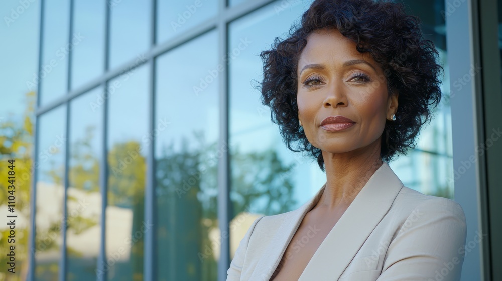 a woman in a white suit standing in front of a glass wall, with trees and the sky visible in the background a woman in a white suit standing in front of a glass wall, with trees and the sky visible in the background