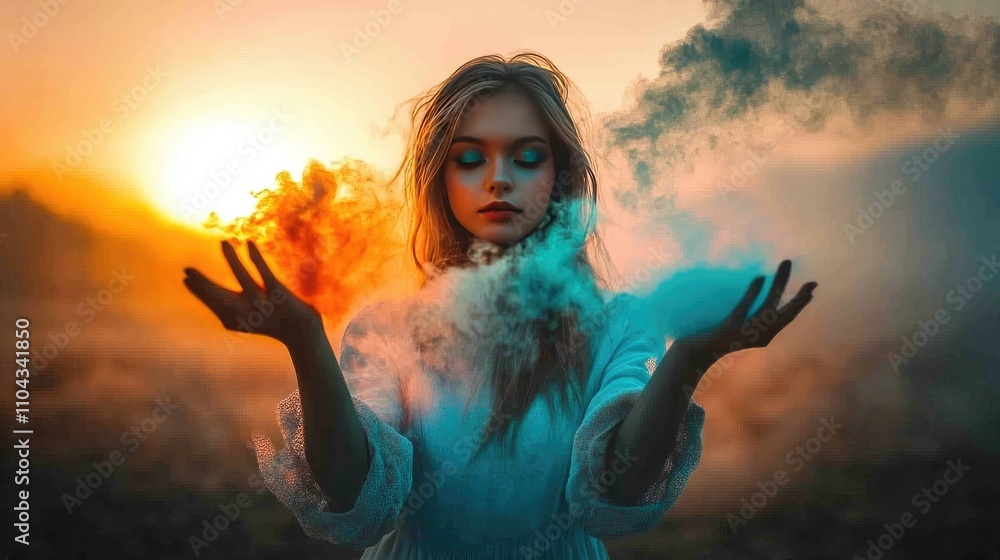 Obraz premium Mystical Woman Balances Elements: Enchanting Fiery and Misty Clouds at Sunset