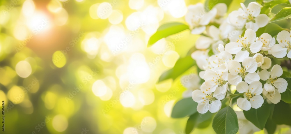 White flowers blooming in sunlight, soft bokeh background, vibrant green leaves, spring atmosphere, nature's beauty, copy space for text White flowers blooming in sunlight, soft bokeh background, vibrant green leaves, spring atmosphere, nature's beauty, copy space for text