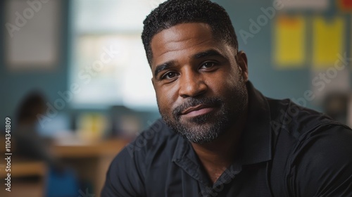  a man with a beard wearing a black shirt sitting at a desk in a classroom The background is slightly blurred, and there is a person sitting on a bench in the backg