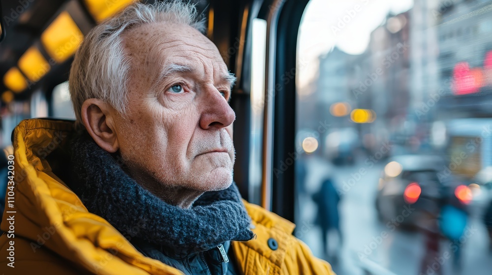 an older man in a yellow jacket looking out the window of a bus Through the window, we can see vehicles on the road, people, buildings, and the sky an older man in a yellow jacket looking out the window of a bus Through the window, we can see vehicles on the road, people, buildings, and the sky