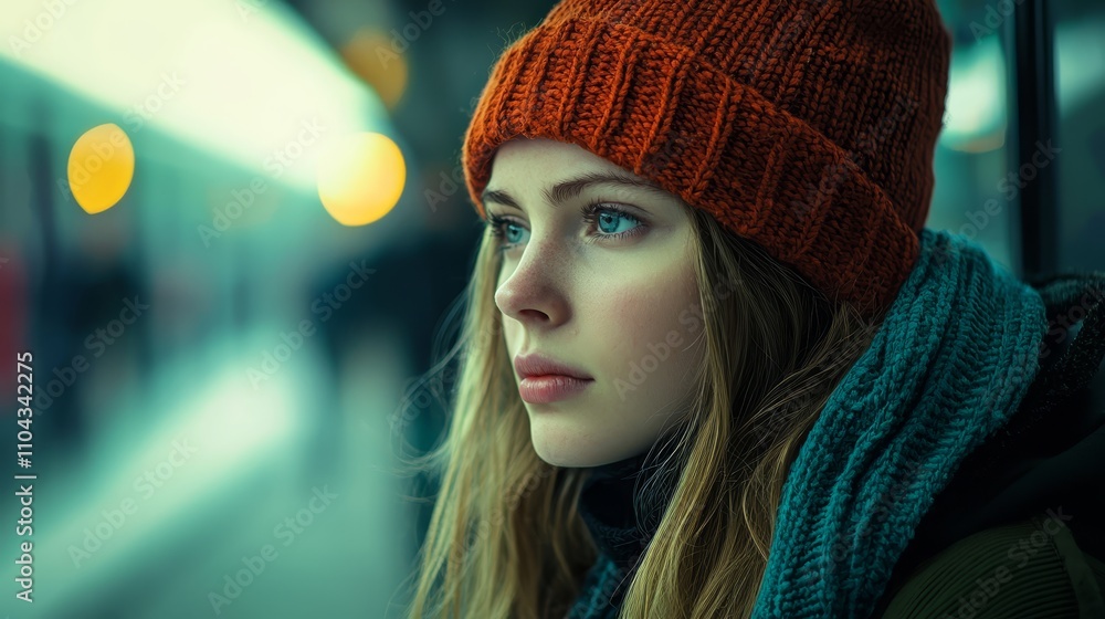 a woman wearing an orange hat and scarf, looking away from the camera with a blurred background a woman wearing an orange hat and scarf, looking away from the camera with a blurred background
