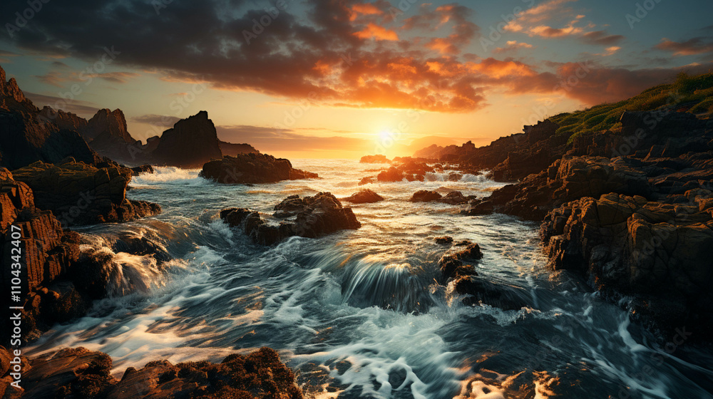Obraz premium A majestic waterfall with a sunset in the background
