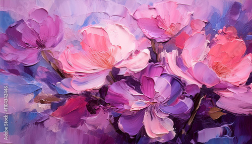Modern oil painting of pink flowers with rich layers of color. Palette knife marks. Hand drawn art