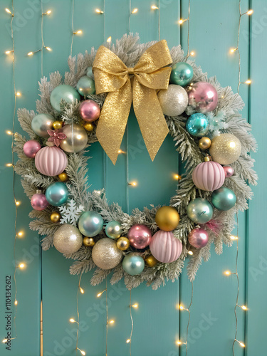 Christmas frosted evergreen wreath adorned with pastel ornaments and a glittering gold bow, set against a teal door with twinkling fairy lights for a retro holiday vibe