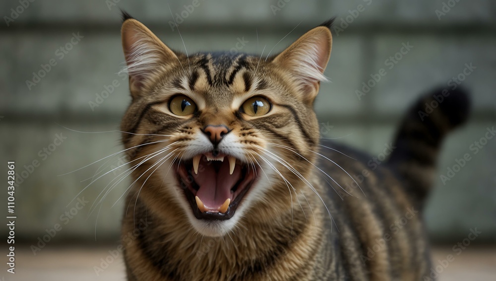 Brown tabby cat yawning, showing sharp teeth. Brown tabby cat yawning, showing sharp teeth.