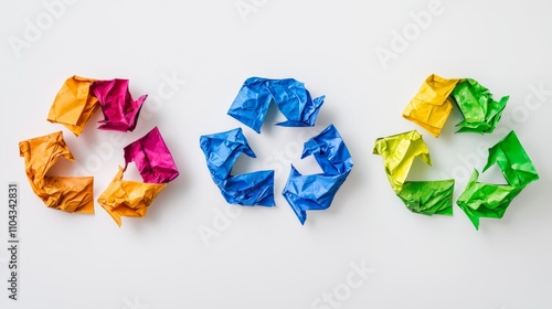  a white surface with a colorful crumpled paper recycling symbol in the center The symbol is composed of multiple colors, including red, blue, green, yellow, and pu