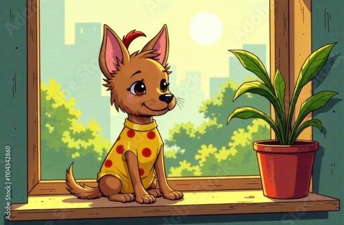 A cute cartoon puppy in a polka dot shirt sits on a sunny windowsill, watching the vibrant city landscape and greenery outside. Generative AI photo