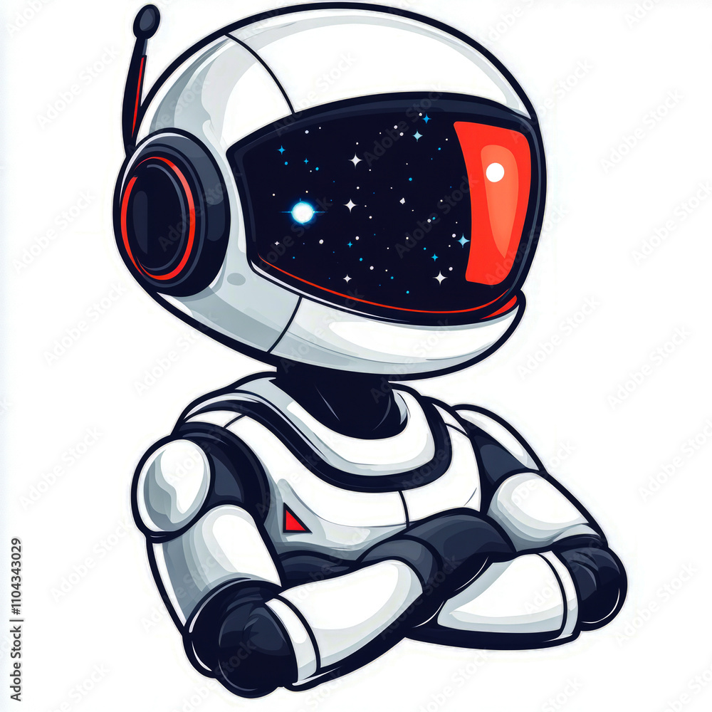 Cute robot with space-themed visor and folded arms Cute robot with space-themed visor and folded arms