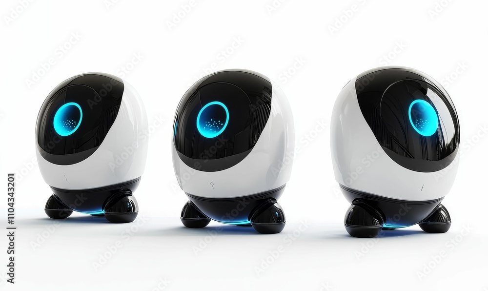 Three futuristic, spherical robots, white and black. Three futuristic, spherical robots, white and black.