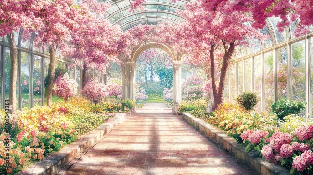 Enchanting Floral Conservatory with Sunlit Cherry Blossoms Enchanting Floral Conservatory with Sunlit Cherry Blossoms