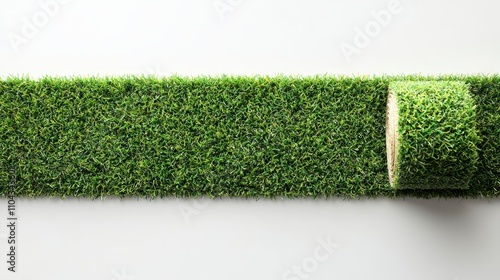  a roll of artificial grass on a white background The grass is a vibrant green color, and the roll is neatly rolled up The white background provides a stark contra