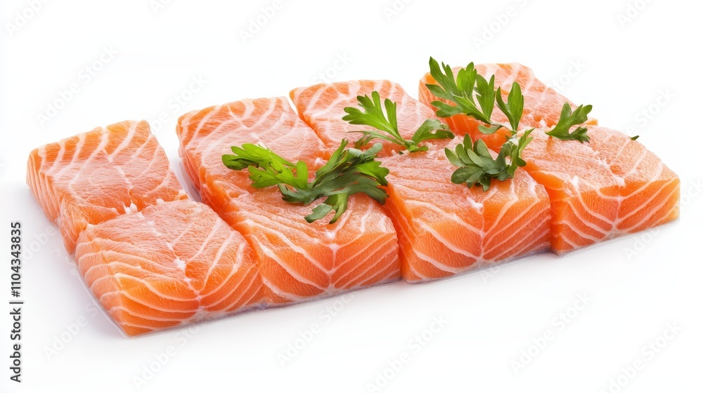 raw salmon fillets with parsley leaves on a white background The salmon is a light pink color and the parsley is a vibrant green The white background provides a s raw salmon fillets with parsley leaves on a white background The salmon is a light pink color and the parsley is a vibrant green The white background provides a s