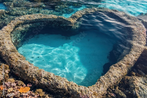 A heart-shaped rock pool filled with clear blue water, surrounded by coral and sea life, photo