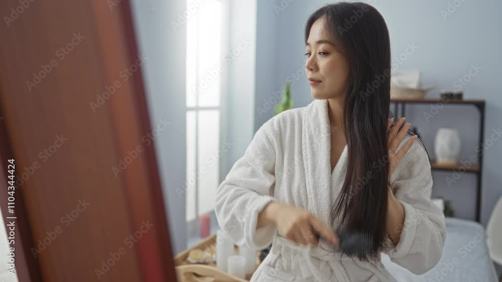 Woman brushing long hair in a spa room wearing white robe in front of a mirror maintaining wellness routine Woman brushing long hair in a spa room wearing white robe in front of a mirror maintaining wellness routine