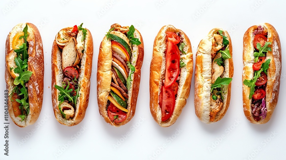 a row of sandwiches sitting on top of each other on a white surface The sandwiches appear to be freshly made, with a variety of ingredients such as lettuce, tomato a row of sandwiches sitting on top of each other on a white surface The sandwiches appear to be freshly made, with a variety of ingredients such as lettuce, tomato
