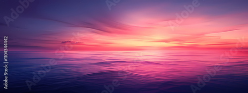 A breathtaking sunset over a tranquil ocean, featuring vibrant purples and pinks that reflect beautifully on the water's surface.