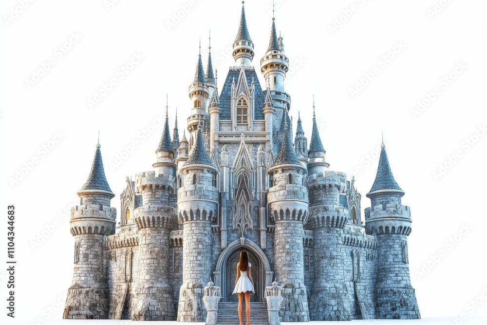 Obraz premium Stone castle, woman, white dress, approaching entrance.