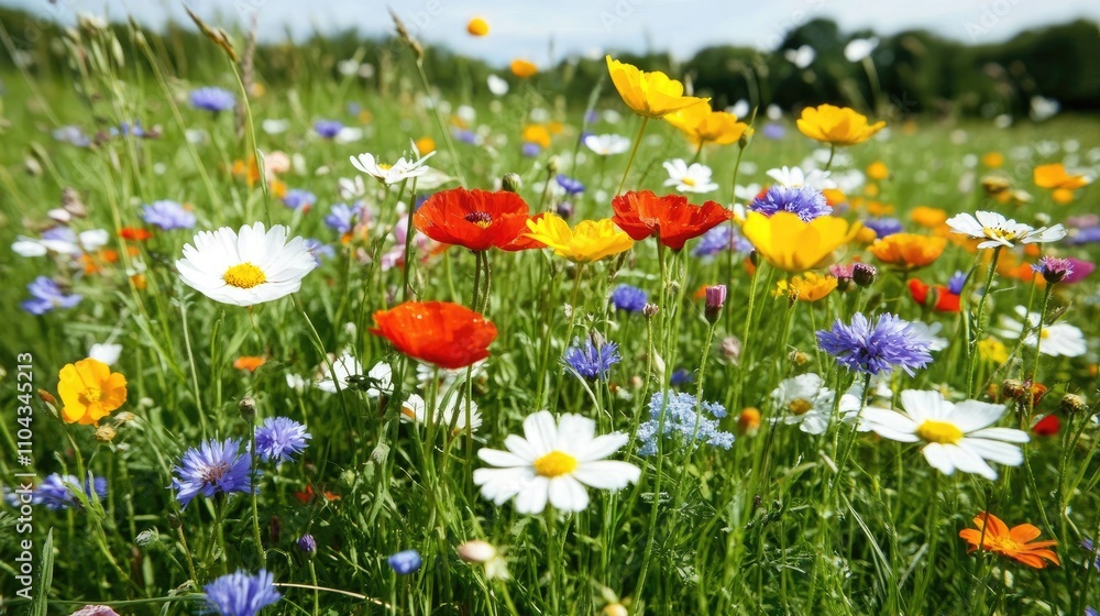 Fototapeta premium Vibrant Wildflower Meadow in Bloom Under a Clear Blue Sky