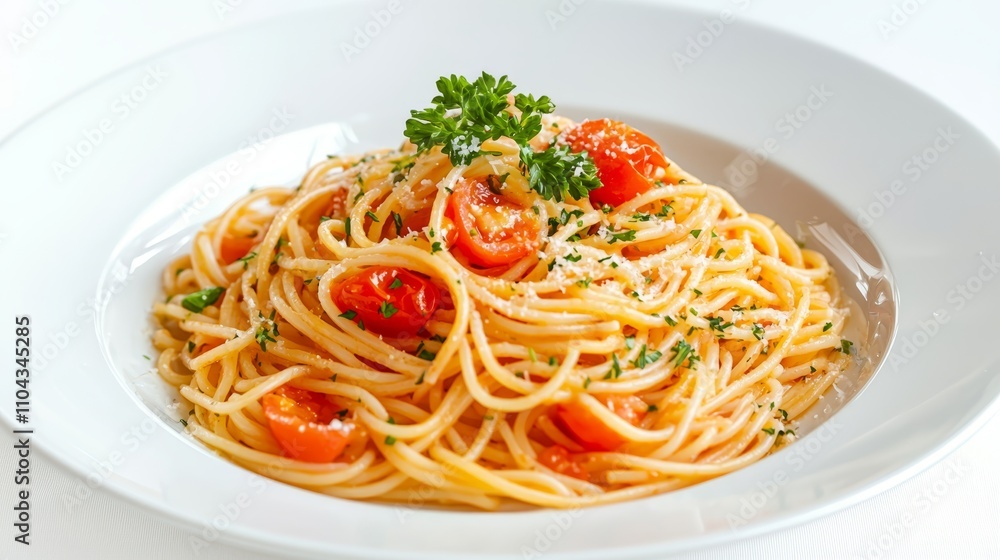 a plate of spaghetti with tomatoes and parsley on a white plate The spaghetti is cooked al dente and the tomatoes are bright red, adding a splash of color to the d a plate of spaghetti with tomatoes and parsley on a white plate The spaghetti is cooked al dente and the tomatoes are bright red, adding a splash of color to the d