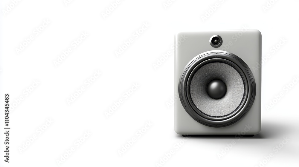 Fototapeta premium a white studio monitor sitting atop a white surface The monitor has a sleek, modern design with a glossy finish and a black grille The background is a bright whit