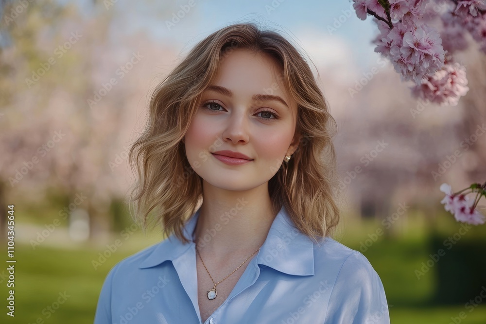 Smiling Young Woman in Spring Garden with Blossoming Cherry Trees Smiling Young Woman in Spring Garden with Blossoming Cherry Trees