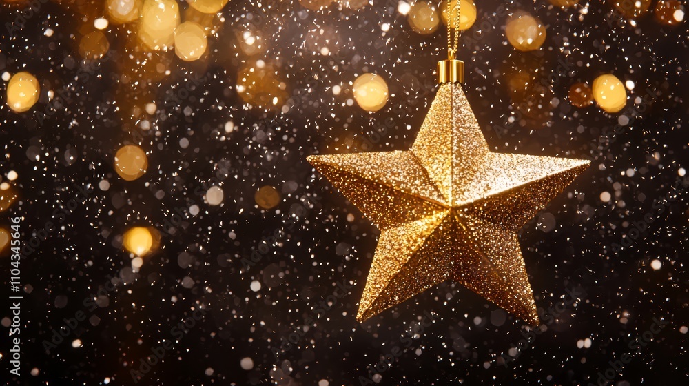 a gold star hanging from a string on a black background, illuminated by a few lights The star is the focal point of the image, with its bright gold color standing a gold star hanging from a string on a black background, illuminated by a few lights The star is the focal point of the image, with its bright gold color standing