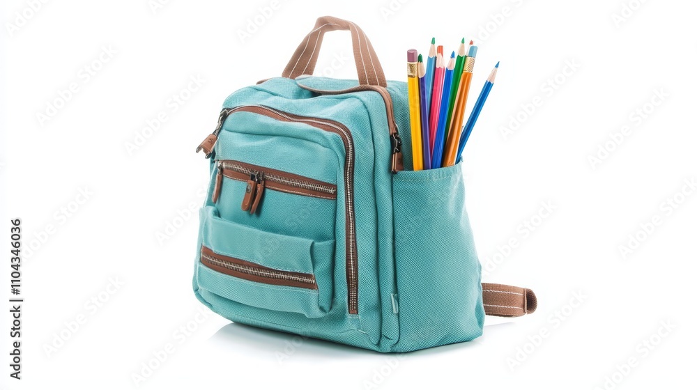 a blue backpack filled with colorful pencils on top of a white background a blue backpack filled with colorful pencils on top of a white background