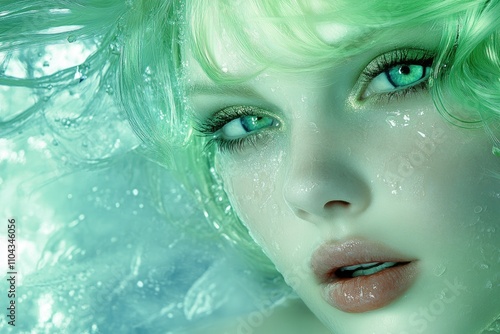 Ethereal Green-Haired Mermaid with Enchanting Eyes and Water Elemental Aesthetic photo