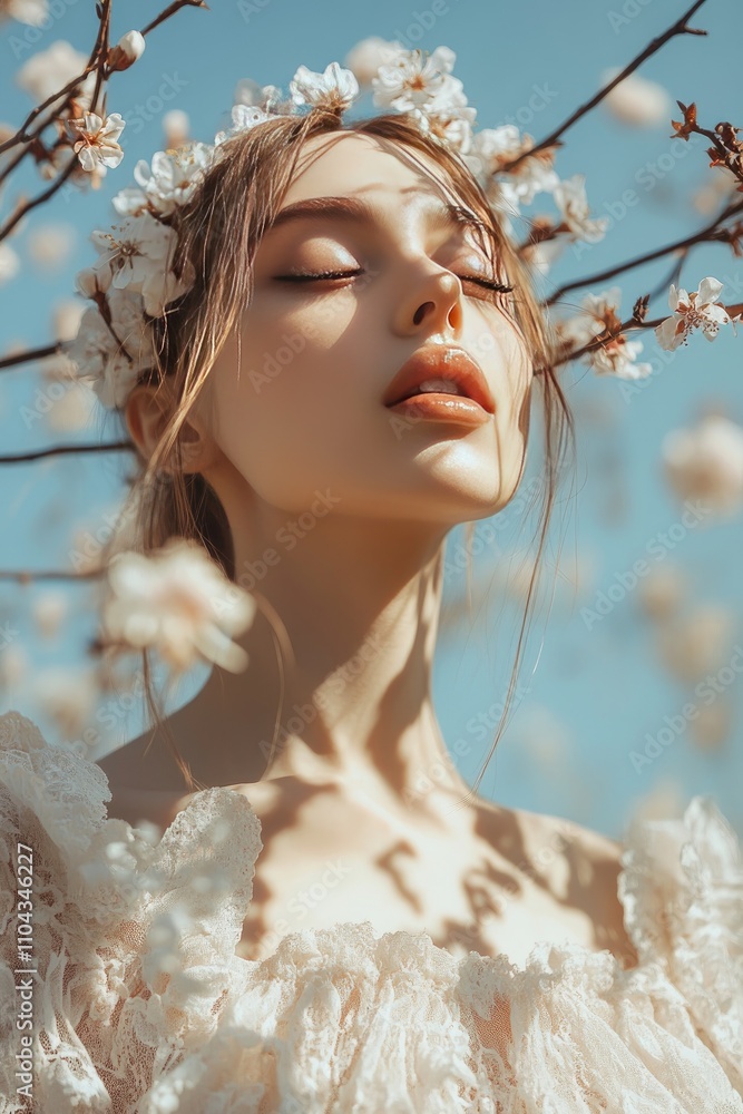 Serene Spring Beauty in Blooming Flower Crown Under Sunlit Sky Serene Spring Beauty in Blooming Flower Crown Under Sunlit Sky