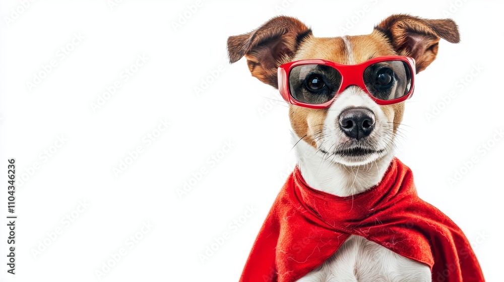 a small dog wearing red sunglasses and a red cape, set against a white background a small dog wearing red sunglasses and a red cape, set against a white background